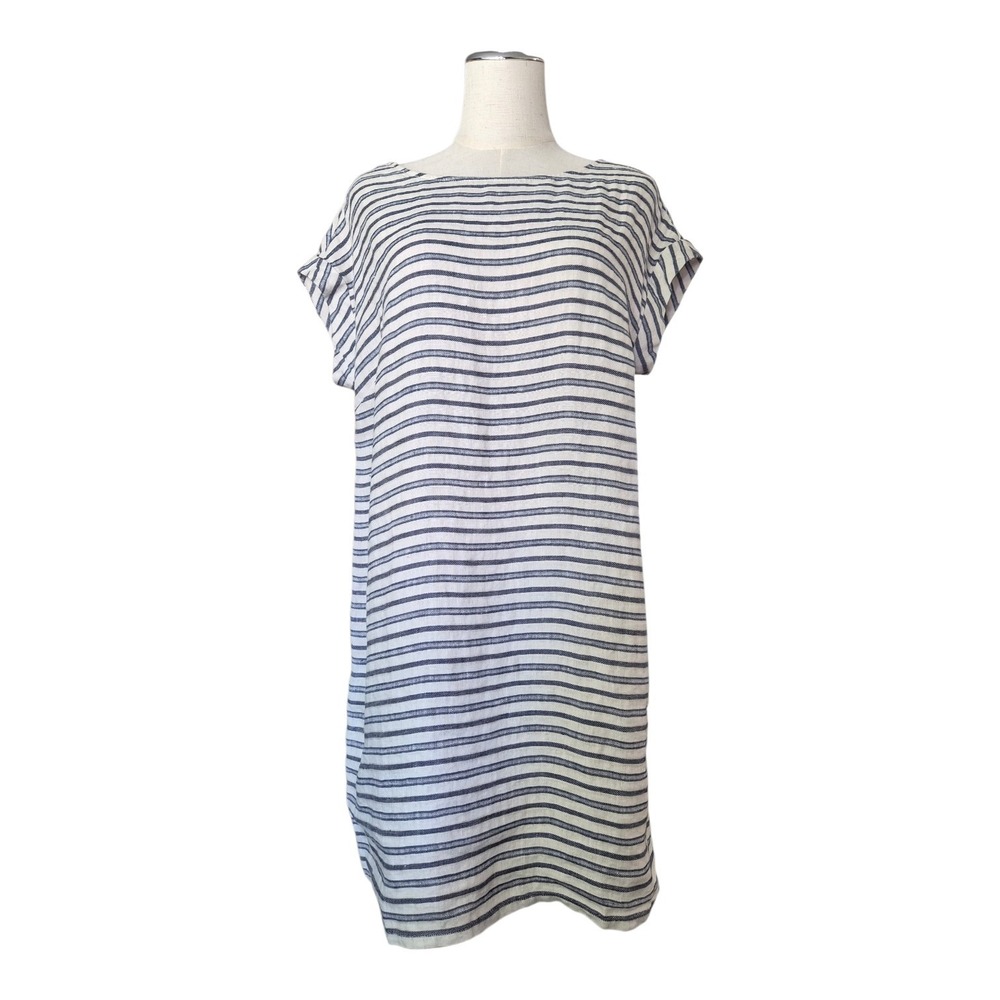 Tahari 100% Linen Shift Dress Women's Medium Blue White Stripe Coastal Summer